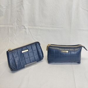 Two New Sophia Joy Makeup Bags Soft Quilted Navy Blue Faux Leather Zippers 4x7